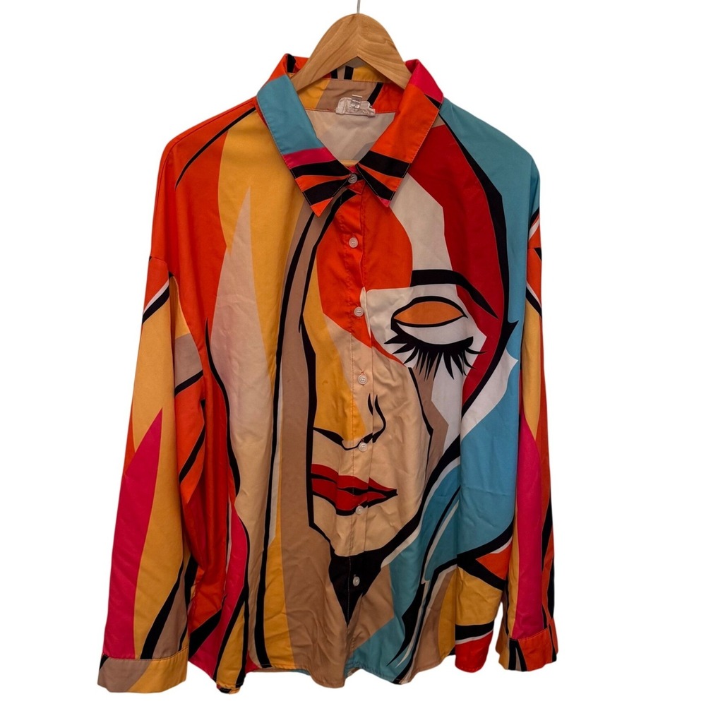 Wowo Pop Art Face Shirt Mens XL Multicolor Abstract Graphic Button